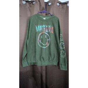 Nirvana Smiley Face Logo Sleeve Print Graphic Crewneck Sweatshirt NWT Green L